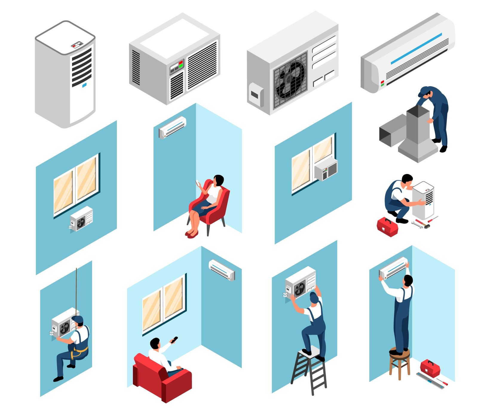 Isometric air conditioning icons set with cooling technic installation isolated vector illustration SSUCv3H4sIAAAAAAACA01RwU7DMAz9FcvnwkDcekNoQnCaQOIycfAS01lLkylxO6ap/47TbWg32+/p+fn5hBsq4rA9oYQwFM2kkiK2jw2yF01ZKGD7MDVYlHQoXIxrnSPlztC5v4qsT3WOLb7daJXFS5D93XNWNJFhY/AXO1PGqbny/xGcvhukjqM71j22KHNgmteuDdodlHN/8TCK53QuafBSSxyTo2D4U/VoHlJfp12m/VZclpFz7T0Xl6vPknrWLA5IMrgU7WSzLLEDsa5AYYWD6NawFOpY2W2j8SVaHiHMF4KUZBV7GOfD4DbKe1iaKG0Cw3L1CRQ9fHD0bKwI76tX+Em5p5qN/l6iOGdy1ioL8+F4rwOFxbw8hdQdjZV29qVpmv4A8vMOcMMBAAA=
